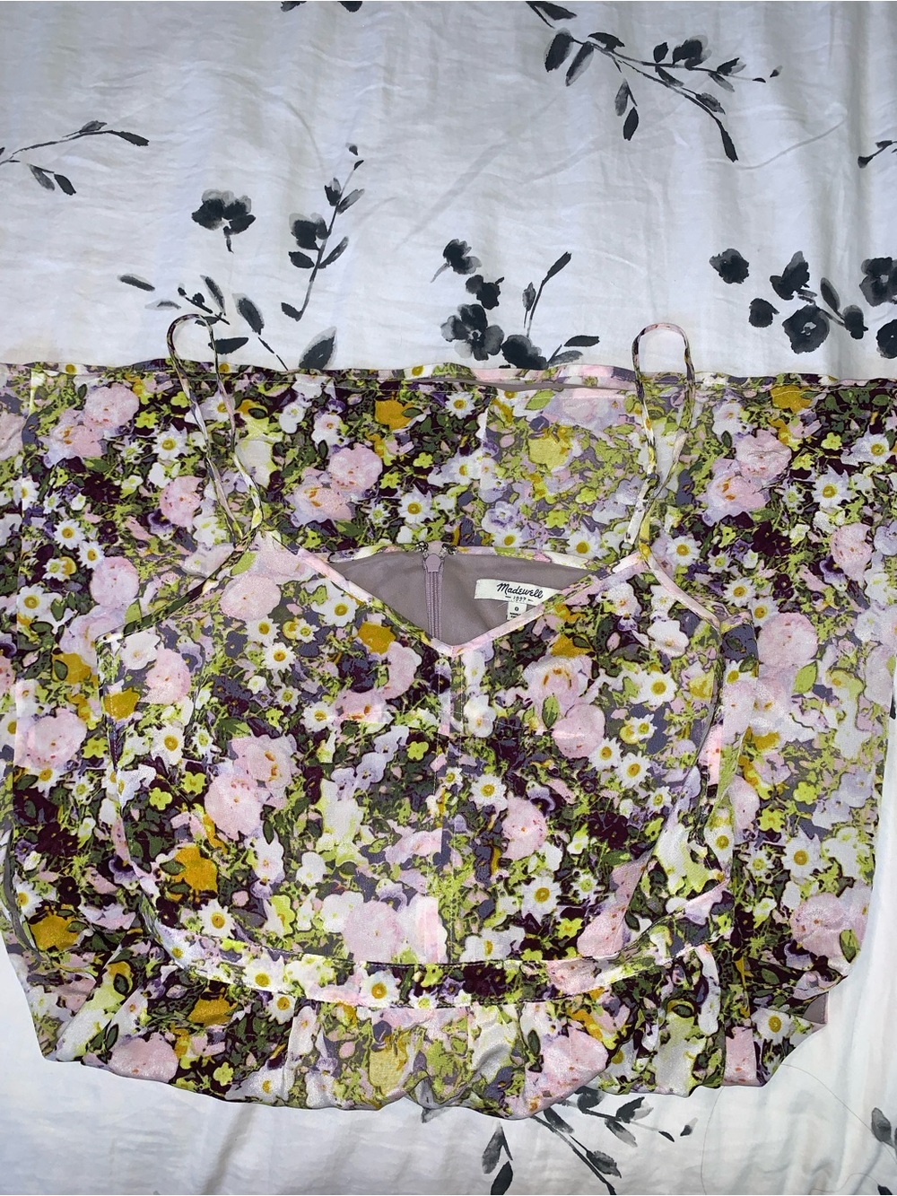 Madewell Floral Spaghetti-Strap Peplum Top in Pink, Green & White